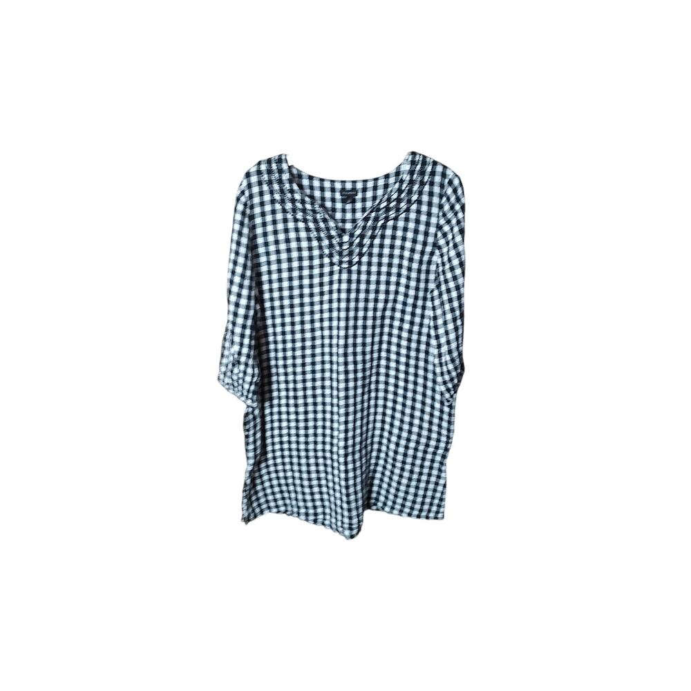 Talbots Black & White Gingham Cotton 3/4 Length Sleeve Pockets Embroidered Tunic